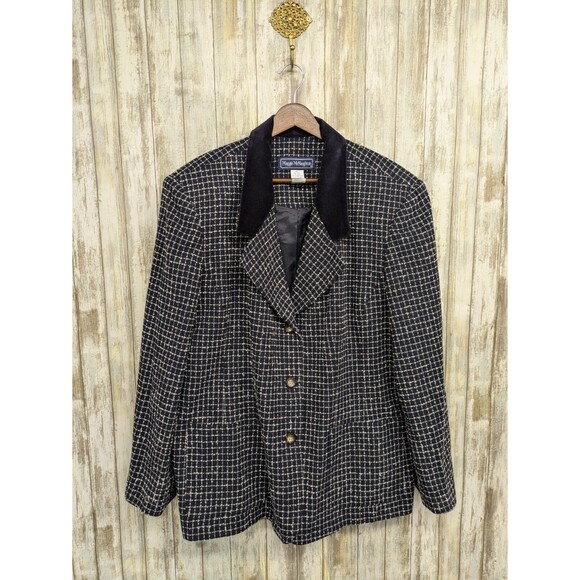 Vintage Maggie McNaughton Wool Blend Navy Blazer Check Velvet Collar Jacket 20W - Picture 1 of 12